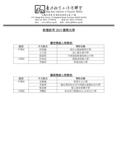 教壇新秀2015獲獎名單